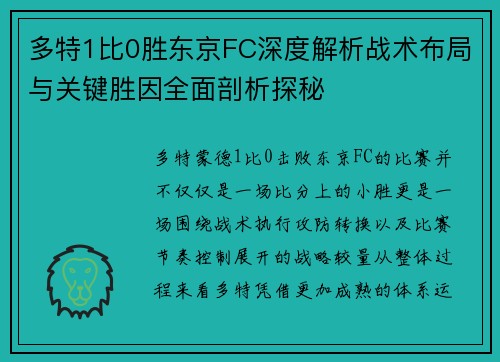 多特1比0胜东京FC深度解析战术布局与关键胜因全面剖析探秘